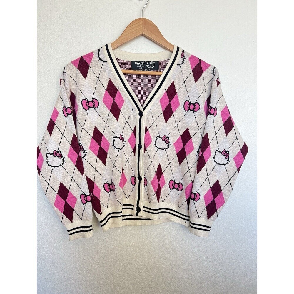 Hello Kitty Argyle Knit Cardigan Sweater Pink Burgundy Preppy Coquette Mall Y2K